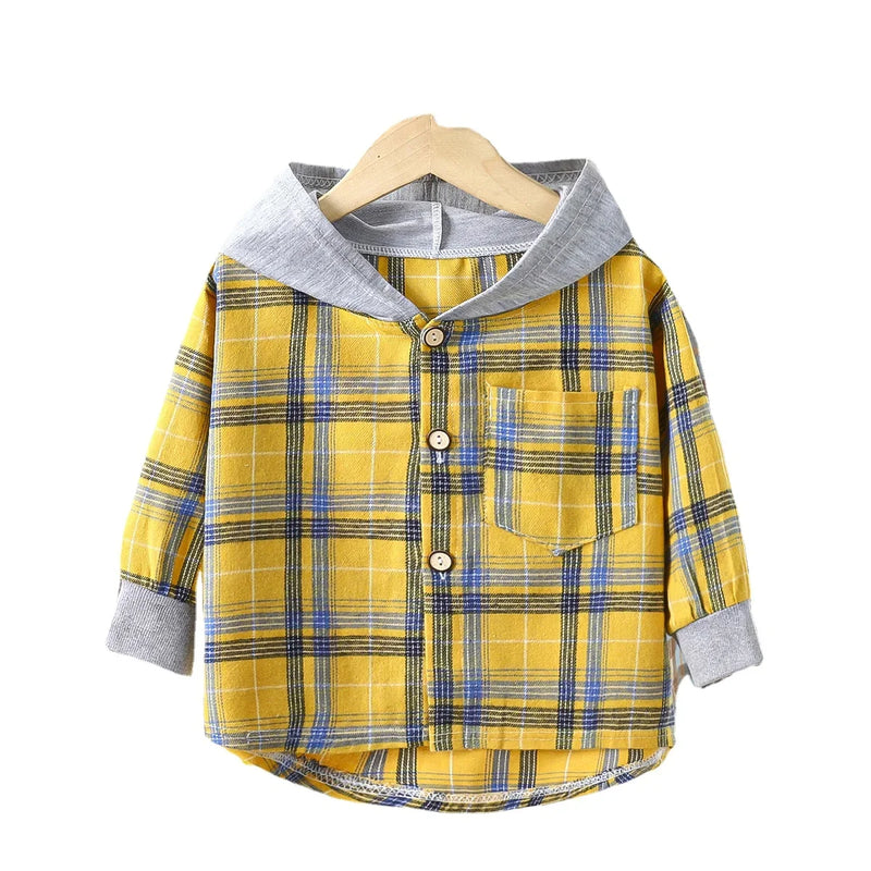 Camisas infantis com capuz, roupas infantis para meninos e meninas, camisas xadrez, casaco para primavera e outono, jaqueta de manga comprida, roupas de fundo