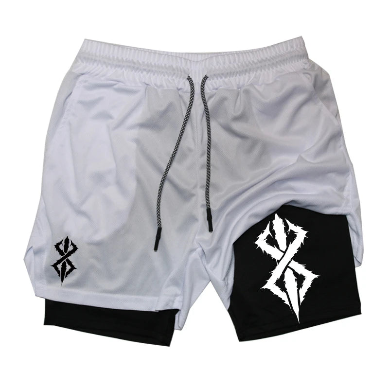 Calções Atléticos Masculinos de Verão, Secagem Rápida, Respirável, Ginásio, Treino, Corrida, Performance, Impressão com Bolso para Celular, 2 em 1