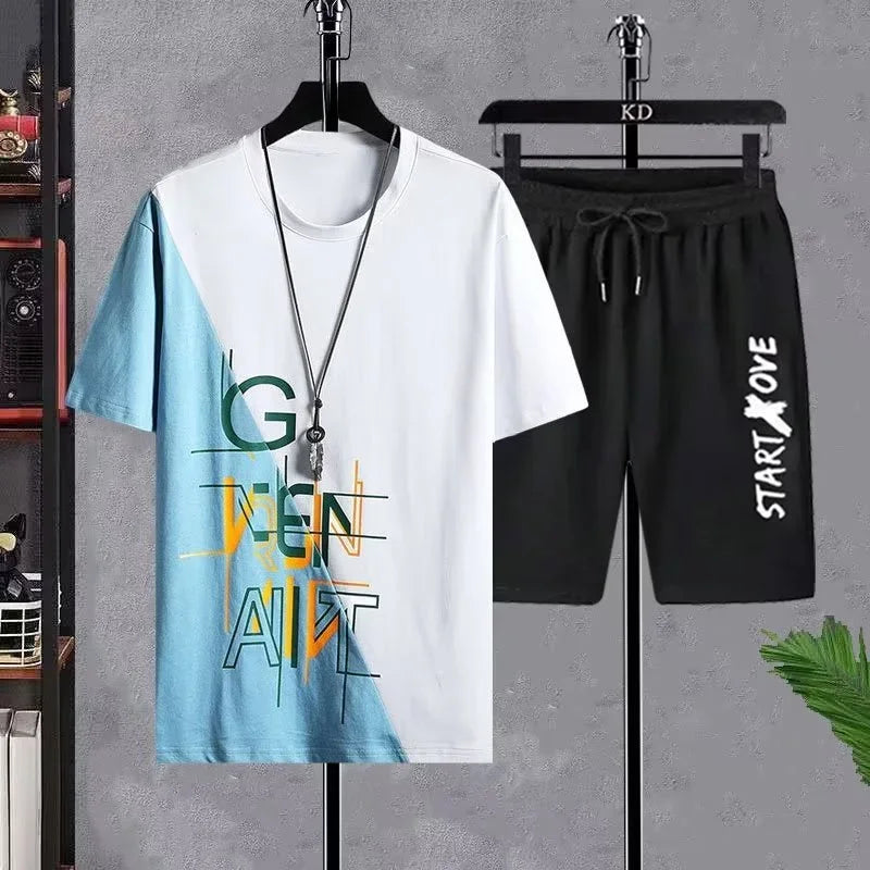 Conjunto masculino verão moda casual secagem rápida manga curta 3d impresso moda t camisa de poliéster + shorts conjunto de basquete