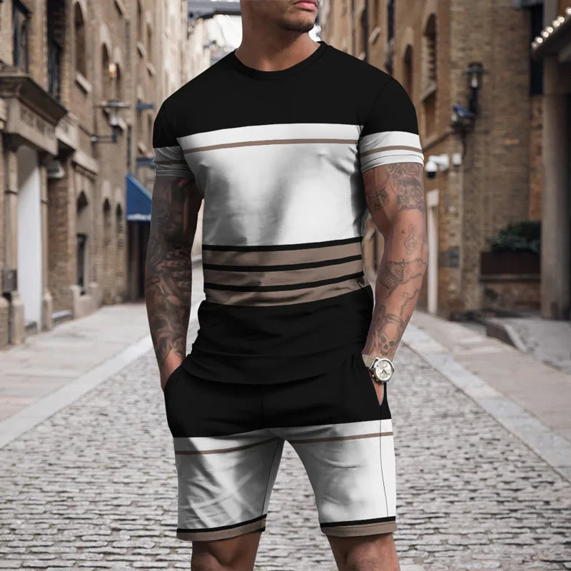 Verão novos conjuntos de listra de roupas esportivas masculinas de manga curta camiseta terno shorts de grandes dimensões esportes roupa de duas peças roupas masculinas topos
