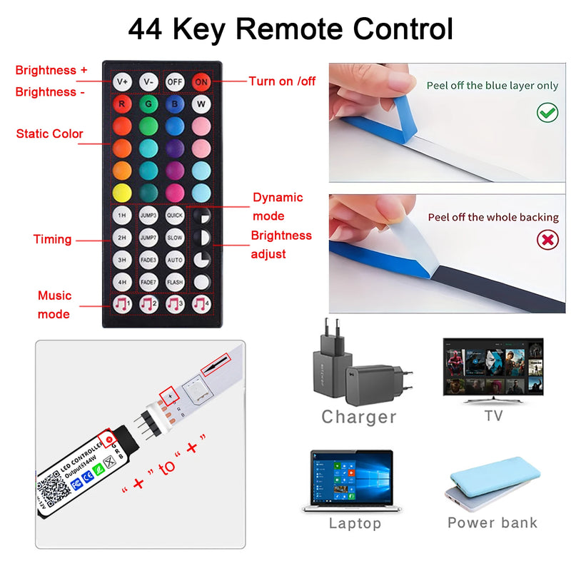 RGB LED Strip Lights com controle remoto, lâmpada de fita flexível, música Sync, USB, 5V, sala, festa, TV, mesa, decoração do quarto