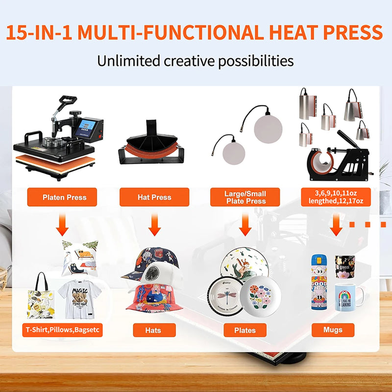 15 em 1 combo muntifuncional sublimação máquina de imprensa térmica tshirt impressora de transferência de calor para caneca/boné/futebol/garrafa/caneta/sapatos
