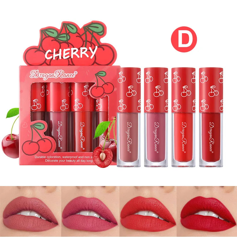 Mini veludo fosco lip gloss set, não-desbotamento, antiaderente copo, de longa duração, frutas perfumadas, suave e leve, 4 peças