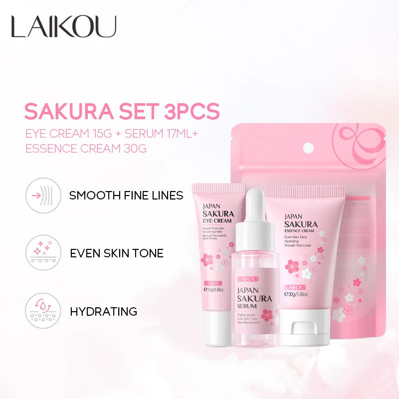 3 pçs/set LAIKOU Vitamina C 24K Golden Sakura Conjuntos de Cuidados com a Pele Creme Facial Soro Creme para os Olhos Hidratante Anti Rugas Kit de Cuidados Faciais