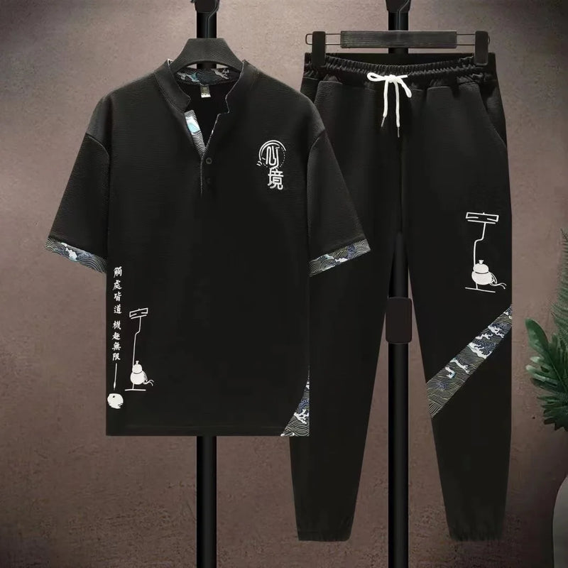 Conjunto de duas peças de seda gelo estilo retrô chinês masculino, conjunto solto, calça comprida de manga curta, moda esportiva casual, verão, novidade, 2025