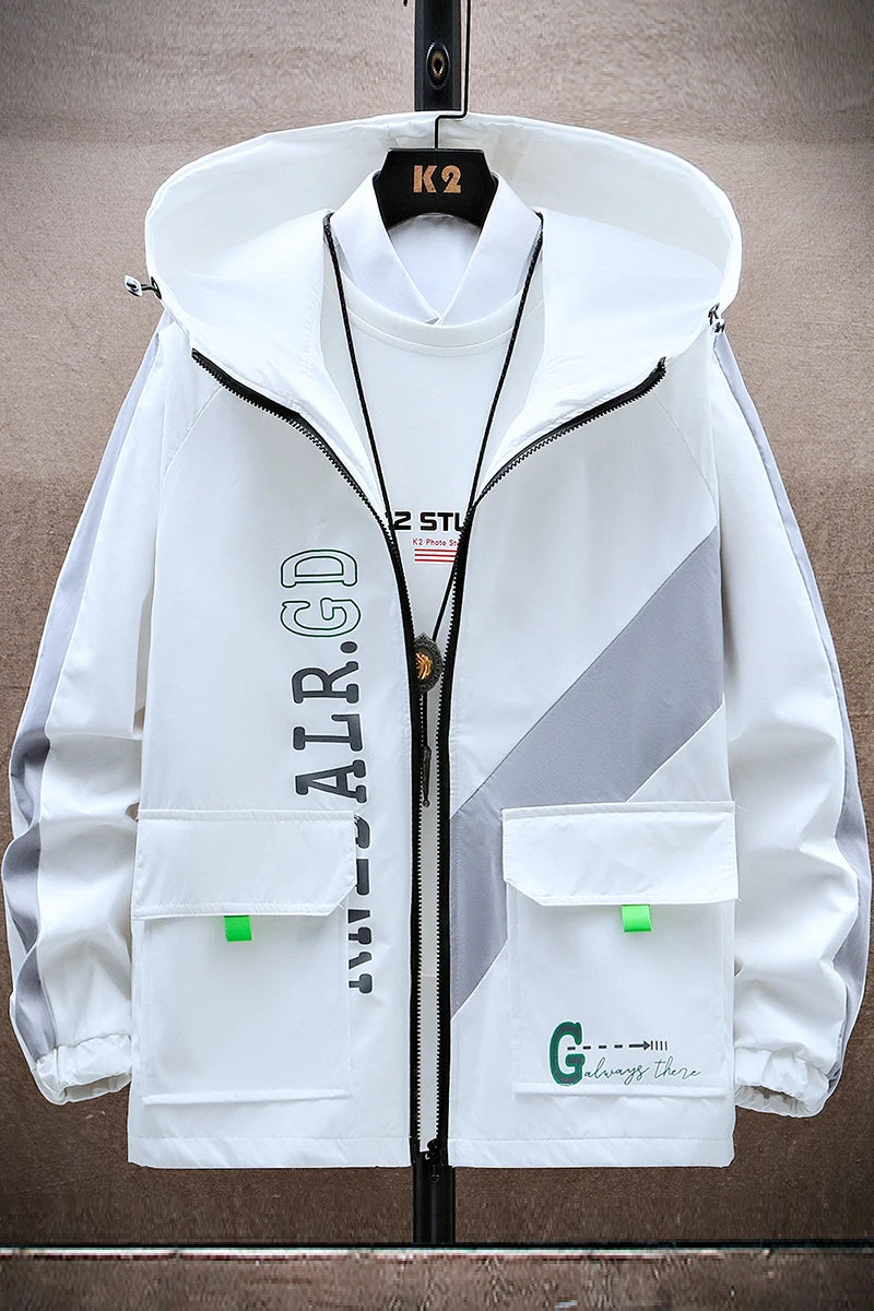 Jaqueta de zíper justa com capuz masculina, corta-vento, moda casual, primavera e outono, novo estilo, 2024