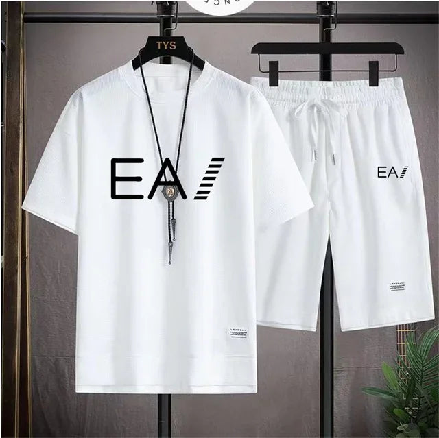 Verão masculino de duas peças tecido de linho casual camiseta e agasalho masculino moda de manga curta
