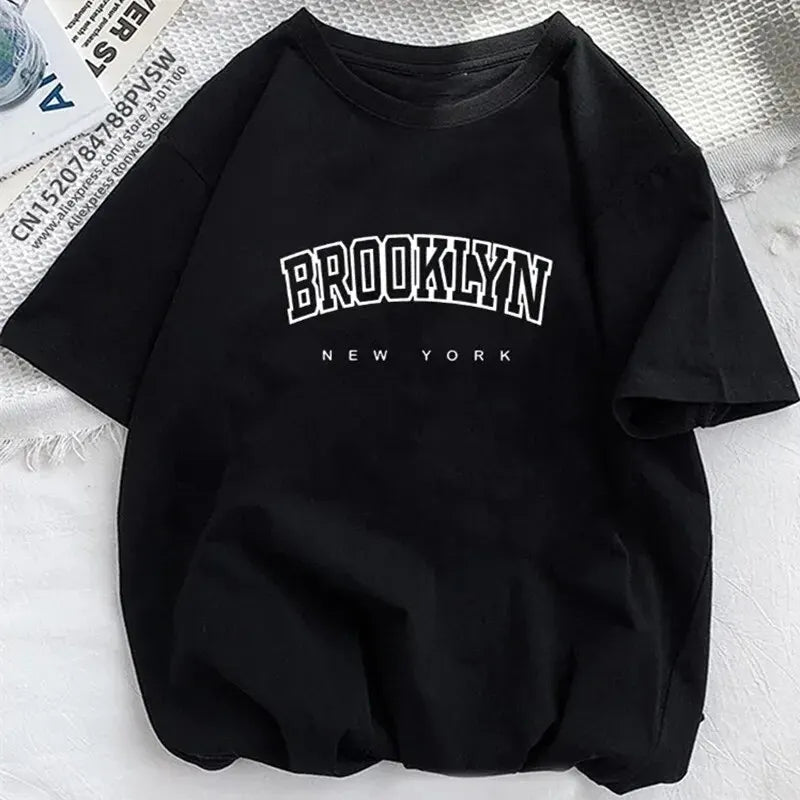 Camiseta esportiva casual feminina brooklyn new york impressão elástica em torno do pescoço tecido respirável manga curta camiseta de fitness