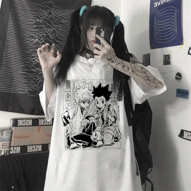 Y2k camisetas femininas kawaii topos caçador x caçador tshirt killua zoldyck anime camiseta manga curta camiseta roupas femininas