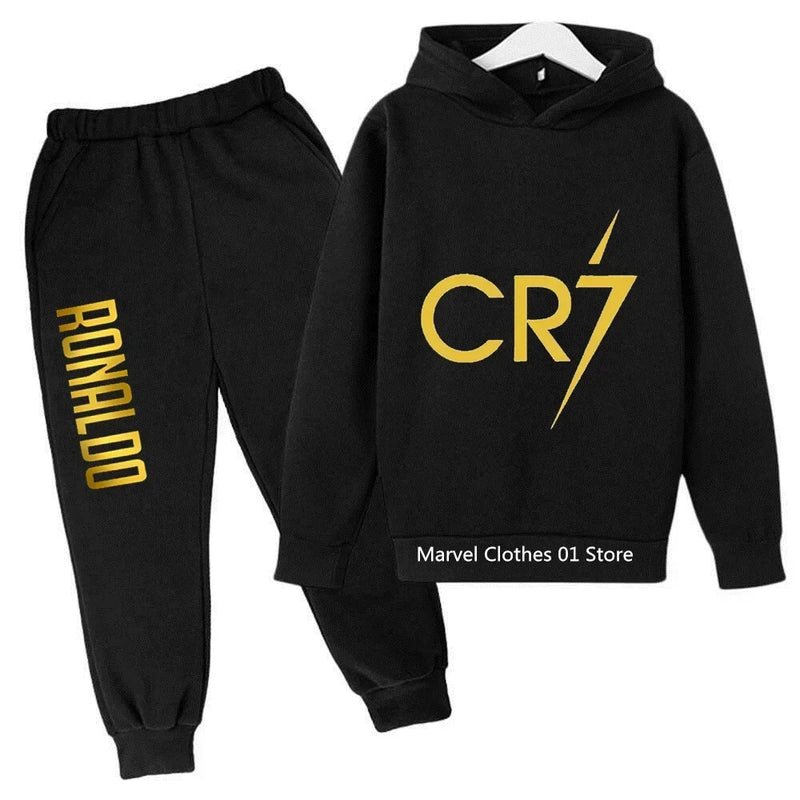 2025 cristiano ronaldo cr7 cosplay trajes crianças futebol ídolo conjunto com capuz calças crianças meninos de alta qualidade topos meninas conjuntos roupas