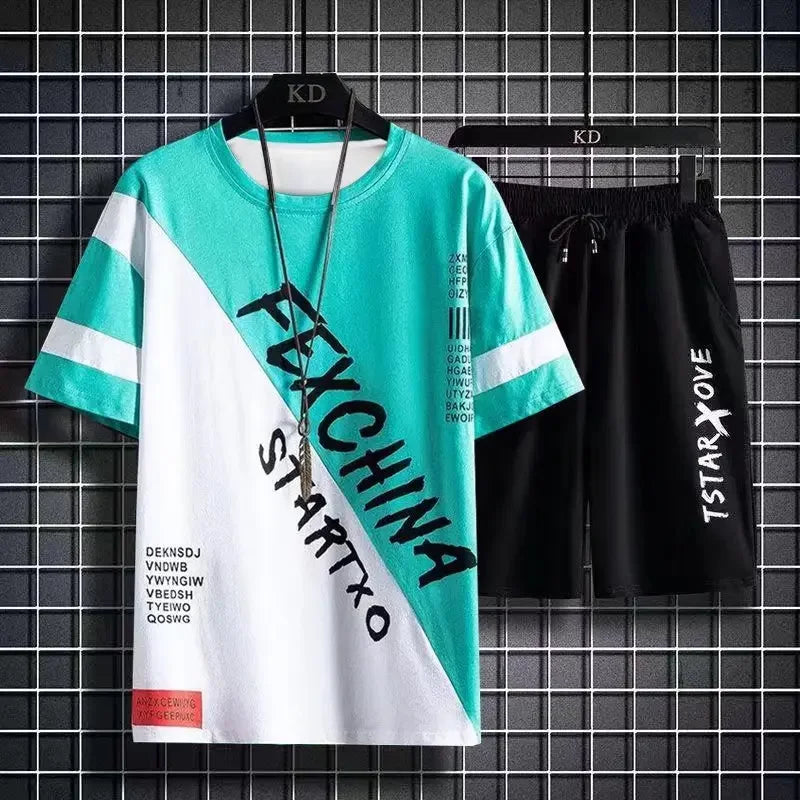 Conjunto masculino verão moda casual secagem rápida manga curta 3d impresso moda t camisa de poliéster + shorts conjunto de basquete