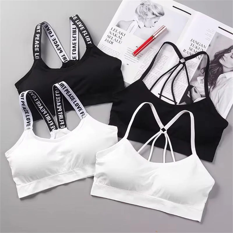 Roupa interior traseira com a letra traseira para mulheres, sutiã sem underwire integrado com o coxim da caixa, correia do coração, aptidão, ioga