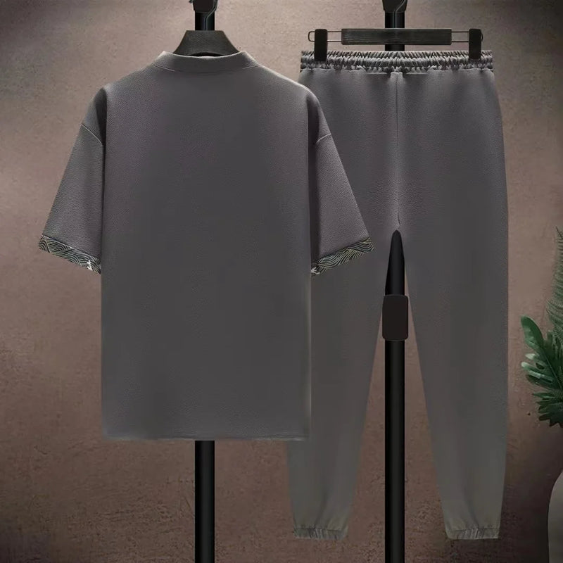 Conjunto de duas peças de seda gelo estilo retrô chinês masculino, conjunto solto, calça comprida de manga curta, moda esportiva casual, verão, novidade, 2025