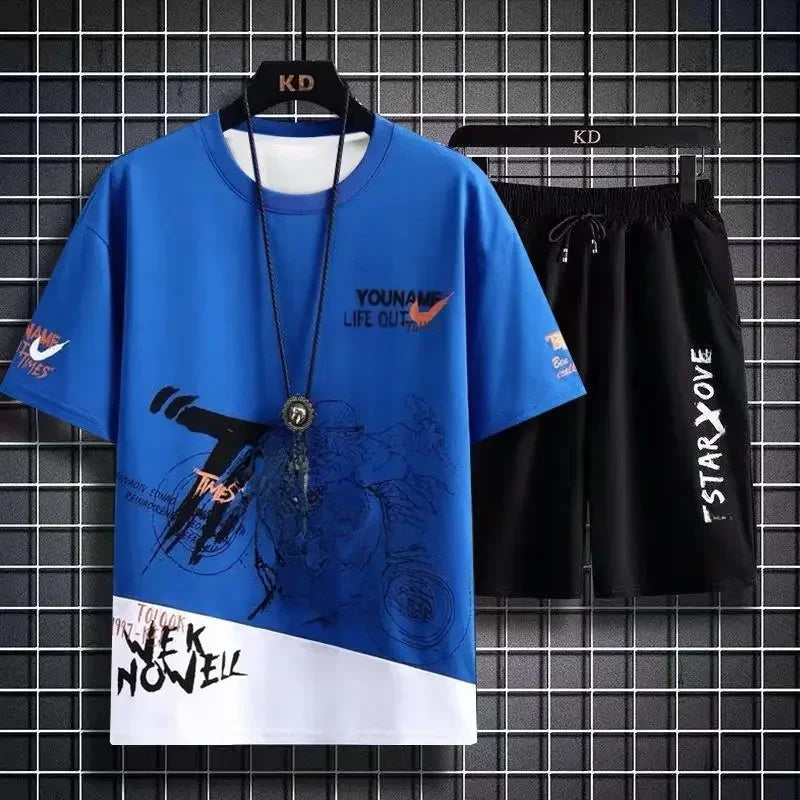 Conjunto masculino verão moda casual secagem rápida manga curta 3d impresso moda t camisa de poliéster + shorts conjunto de basquete