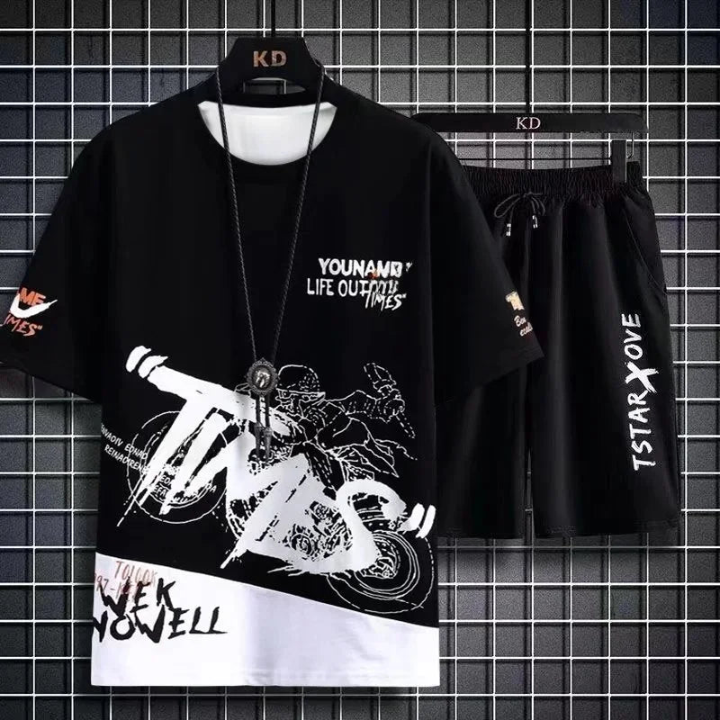 Conjunto masculino verão moda casual secagem rápida manga curta 3d impresso moda t camisa de poliéster + shorts conjunto de basquete