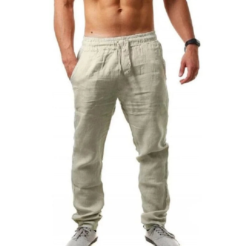 Calças de linho de algodão masculino outono novo respirável cor sólida calças de linho fitness streetwear S-3XL