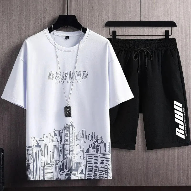 Conjunto de t-shirt de mangas curtas para homens New Summer City Print Moda Tendência Slim-Fit Plus Size Sports Two-Piece Set