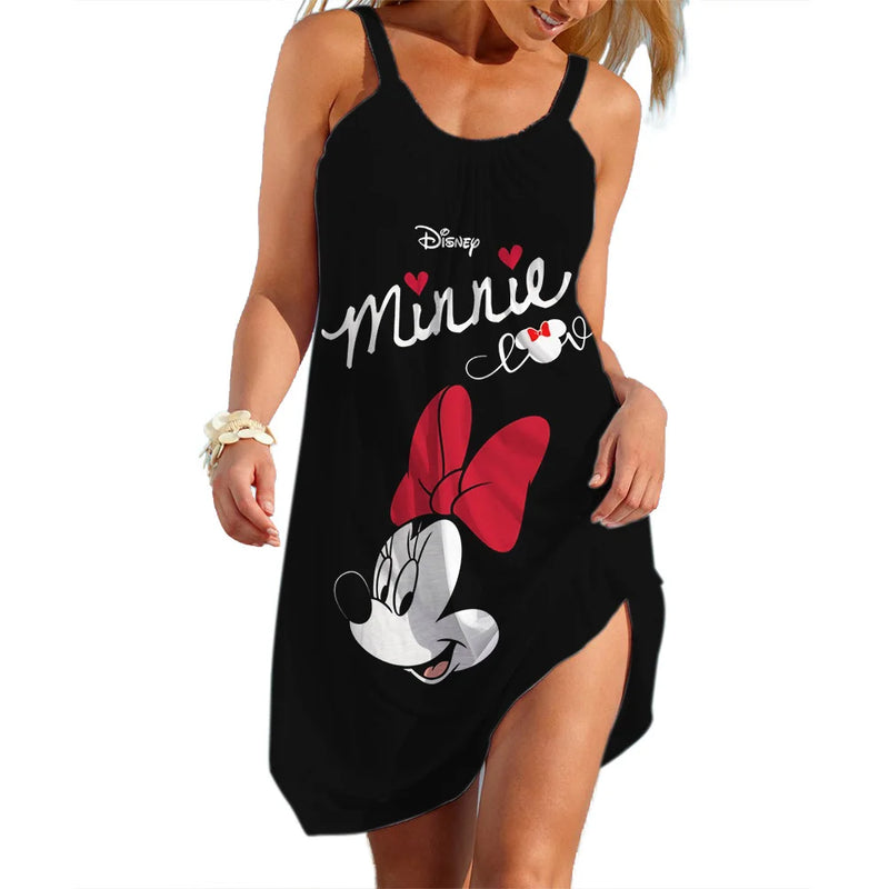 Disney-Mickey Minnie feminino, vestido de deslizamento, 3D Print Clothing, Cartoon Beach Dress, bonito sling sexy, top legal, verão
