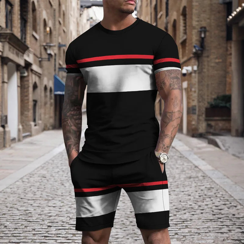 Verão novos conjuntos de listra de roupas esportivas masculinas de manga curta camiseta terno shorts de grandes dimensões esportes roupa de duas peças roupas masculinas topos