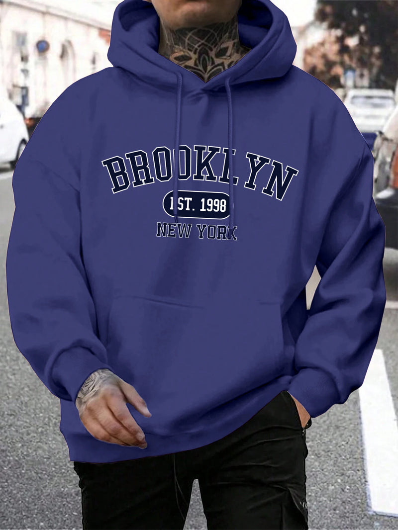 Hoodie masculino de gola redonda estampado em Nova York, agasalho extragrande, capuz Harajuku, Brooklyn Est, moda outono, confortável, 1998