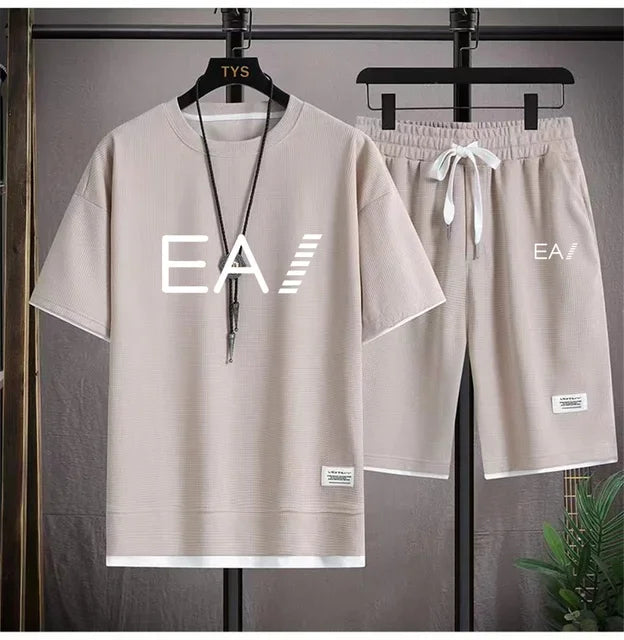Verão masculino de duas peças tecido de linho casual camiseta e agasalho masculino moda de manga curta