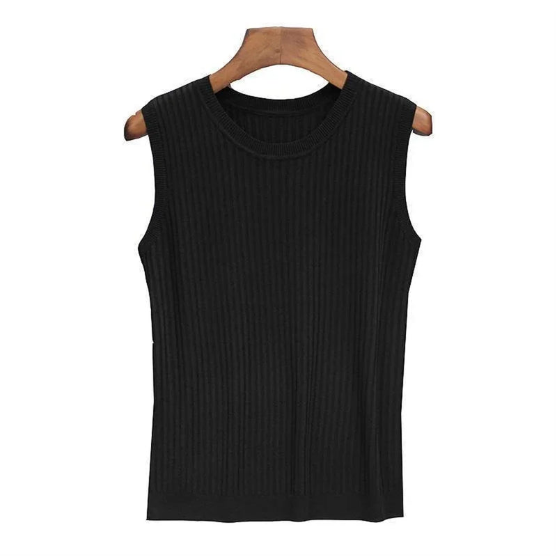 Blusa sem mangas de verão feminina, blusa de malha com gola redonda, roupas femininas, tops