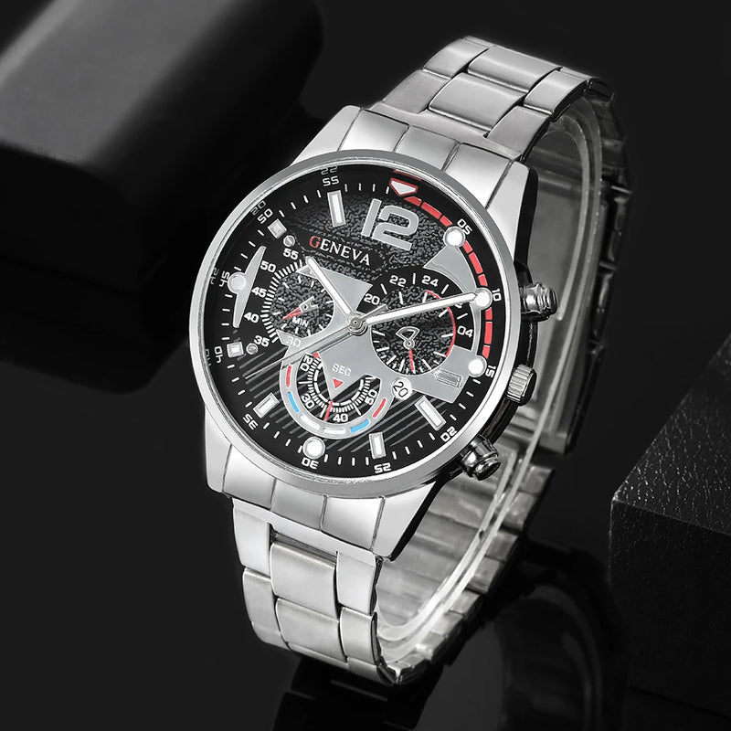 3 unidades/conjunto, calendário masculino relógio de quartzo de aço inoxidável, conjunto de colar e pulseira, escolha ideal para presentes