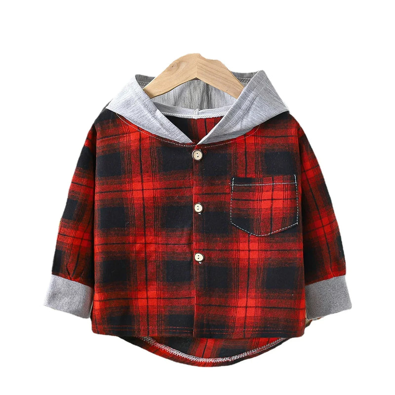 Camisas infantis com capuz, roupas infantis para meninos e meninas, camisas xadrez, casaco para primavera e outono, jaqueta de manga comprida, roupas de fundo