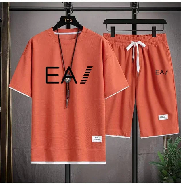 Verão masculino de duas peças tecido de linho casual camiseta e agasalho masculino moda de manga curta