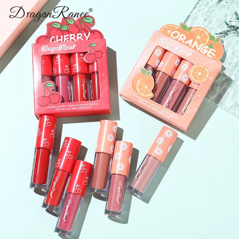 Mini veludo fosco lip gloss set, não-desbotamento, antiaderente copo, de longa duração, frutas perfumadas, suave e leve, 4 peças