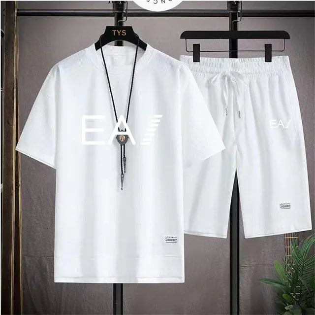 Verão masculino de duas peças tecido de linho casual camiseta e agasalho masculino moda de manga curta