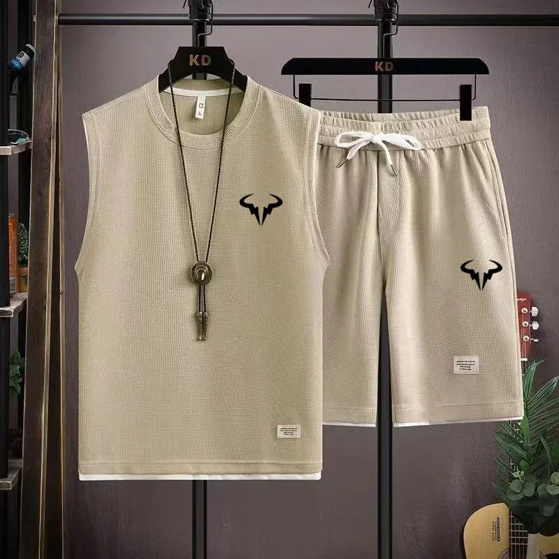 2025 conjuntos de verão waffle masculino casual camiseta + shorts conjunto masculino terno esportivo cor sólida treino ternos soltos