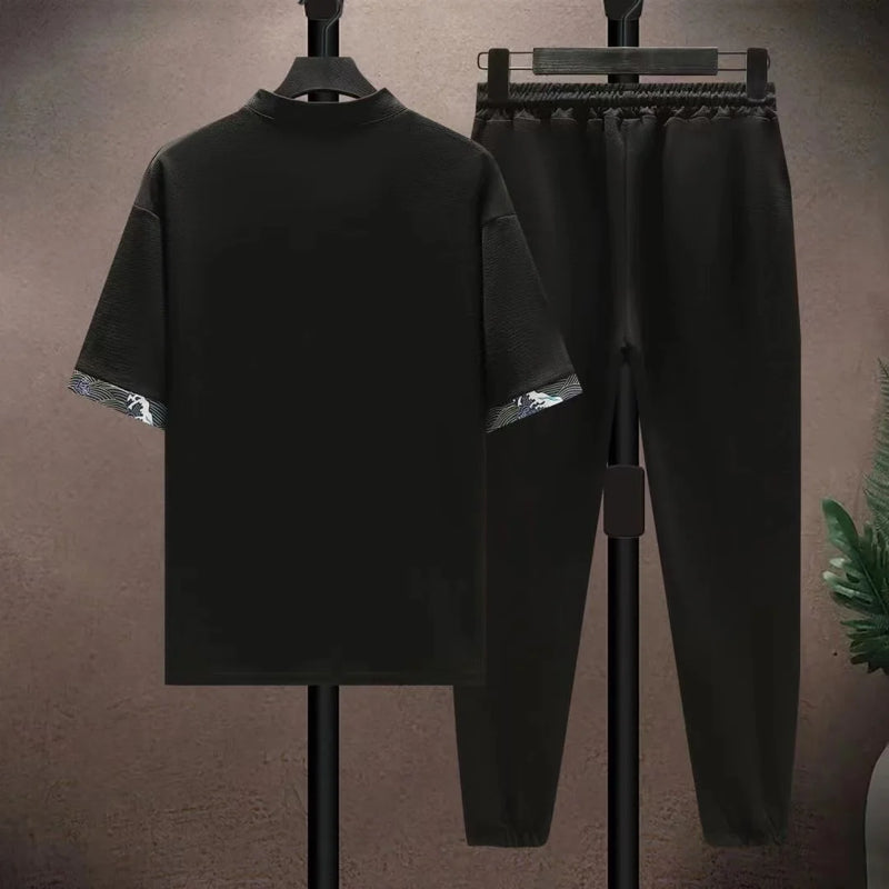 Conjunto de duas peças de seda gelo estilo retrô chinês masculino, conjunto solto, calça comprida de manga curta, moda esportiva casual, verão, novidade, 2025