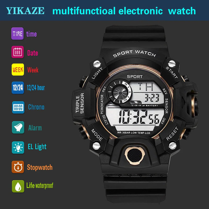 Moda masculina relógio de pulso eletrônico esportivo grande mostrador multifuncional à prova dwaterproof água alarme luminoso crianças relógio militar masculino