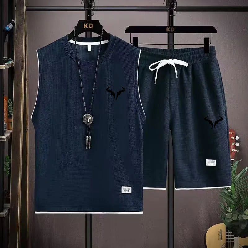 2025 conjuntos de verão waffle masculino casual camiseta + shorts conjunto masculino terno esportivo cor sólida treino ternos soltos