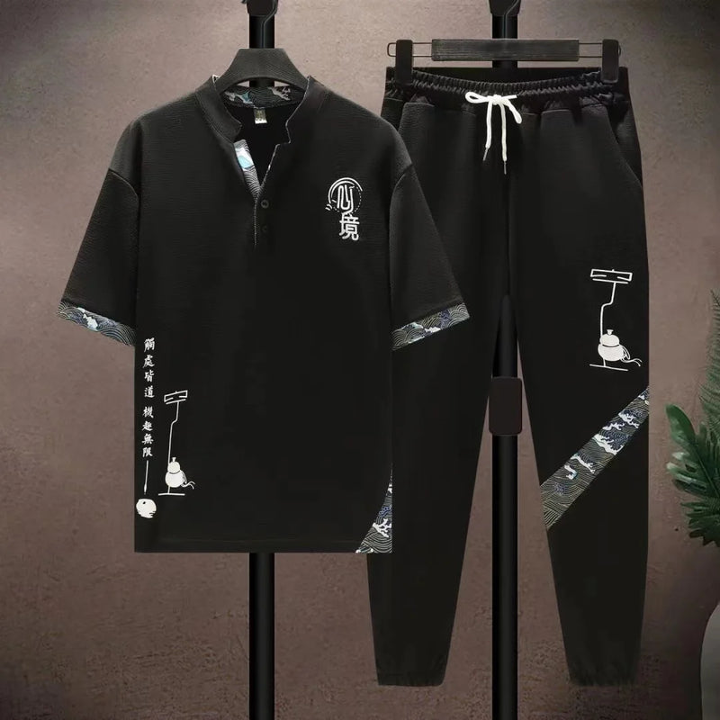 Conjunto de duas peças de seda gelo estilo retrô chinês masculino, conjunto solto, calça comprida de manga curta, moda esportiva casual, verão, novidade, 2025