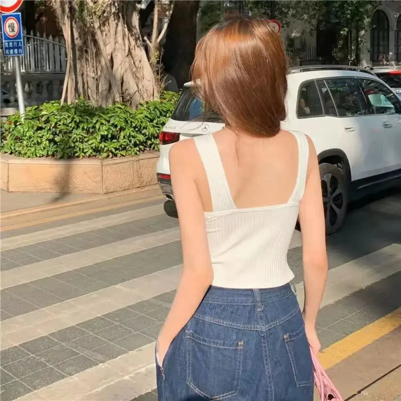 Tops recortados femininos com almofadas de sutiã verão espartilho suspensórios coreanos colete sexy camisola magro