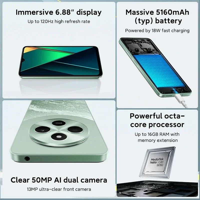 Poco c75 versão global helio G81-Ultra 5160mah bateria xiaomi hyperos nfc 6.88 ''120hz display 50mp ai câmera dupla