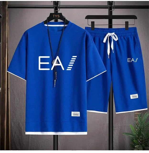 Verão masculino de duas peças tecido de linho casual camiseta e agasalho masculino moda de manga curta