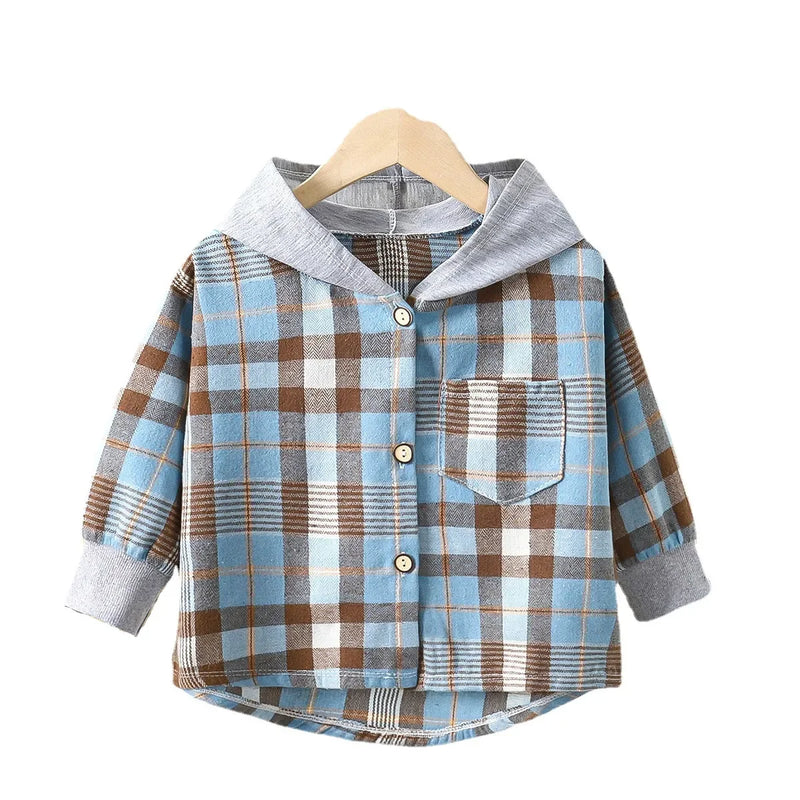 Camisas infantis com capuz, roupas infantis para meninos e meninas, camisas xadrez, casaco para primavera e outono, jaqueta de manga comprida, roupas de fundo