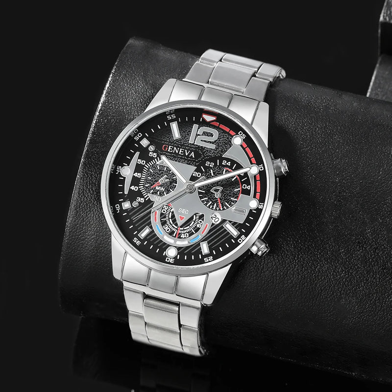 3 unidades/conjunto, calendário masculino relógio de quartzo de aço inoxidável, conjunto de colar e pulseira, escolha ideal para presentes