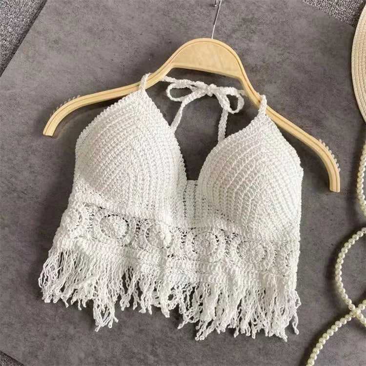 Mulheres praia colheita topos oco cover-ups perspectiva borla sexy cinta de espaguete swinwear sutiã embutido backlless halter pescoço