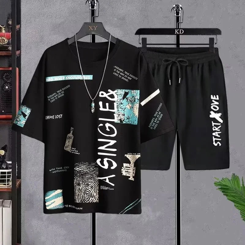 Conjunto masculino verão moda casual secagem rápida manga curta 3d impresso moda t camisa de poliéster + shorts conjunto de basquete