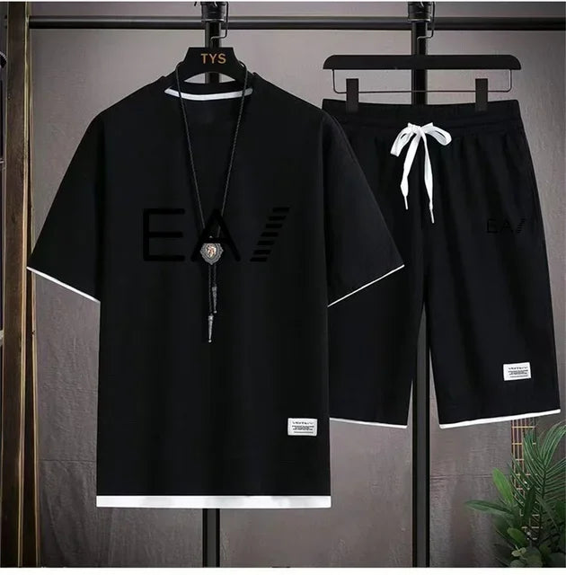 Verão masculino de duas peças tecido de linho casual camiseta e agasalho masculino moda de manga curta