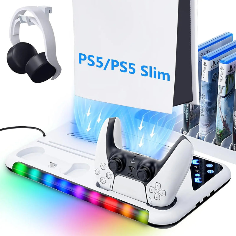 Suporte de resfriamento RGB para console PS5 Slim Base de carregamento de gamepad Gancho para fone de ouvido Rack de armazenamento de CD de jogos para PS5 Disc&Digital