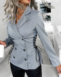 Blazer de peito duplo estampado xadrez feminino, casaco de trabalho manga longa, gola entalhada, detalhe amarrado, elegante senhora do escritório, outono, 2023