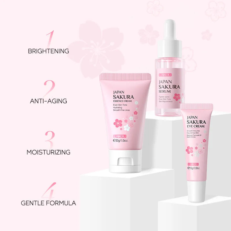 3 pçs/set LAIKOU Vitamina C 24K Golden Sakura Conjuntos de Cuidados com a Pele Creme Facial Soro Creme para os Olhos Hidratante Anti Rugas Kit de Cuidados Faciais