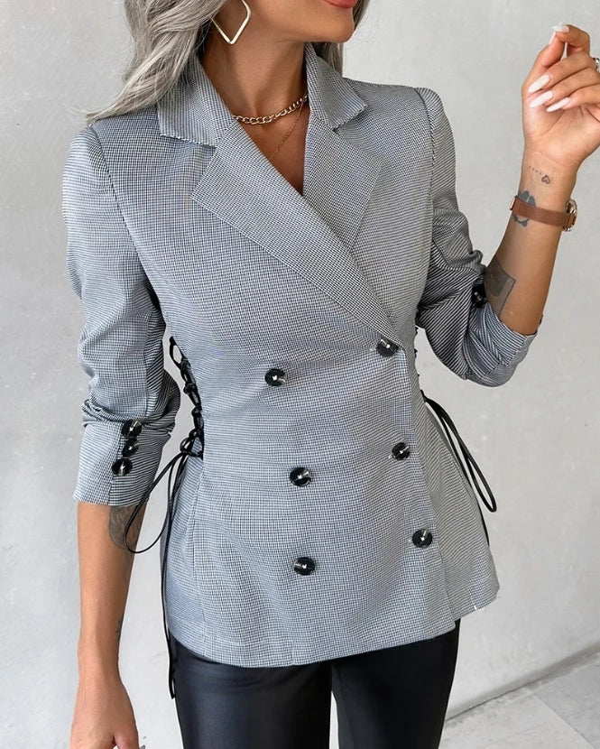 Blazer de peito duplo estampado xadrez feminino, casaco de trabalho manga longa, gola entalhada, detalhe amarrado, elegante senhora do escritório, outono, 2023