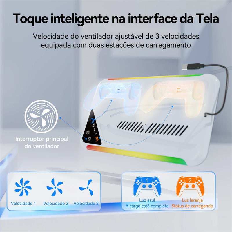 Suporte de resfriamento RGB para console PS5 Slim Base de carregamento de gamepad Gancho para fone de ouvido Rack de armazenamento de CD de jogos para PS5 Disc&Digital