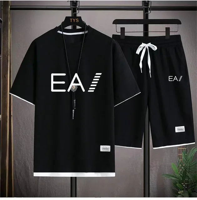 Verão masculino de duas peças tecido de linho casual camiseta e agasalho masculino moda de manga curta